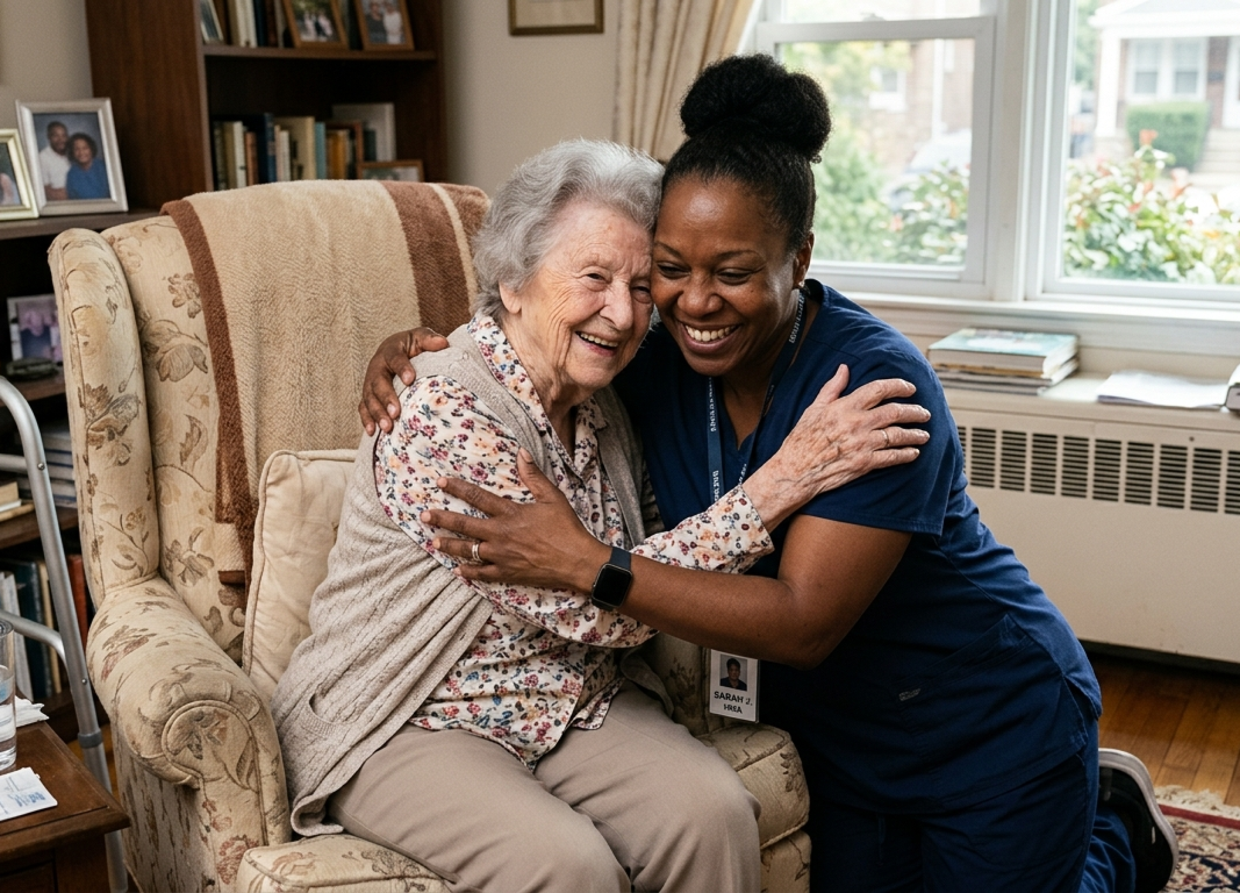 Home care healthcare professional hugging senior patient